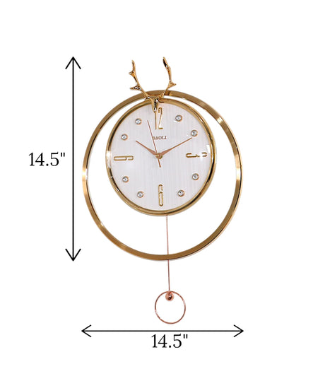 wall clock deer with pendulum  golden & white china "14.5x14.5'