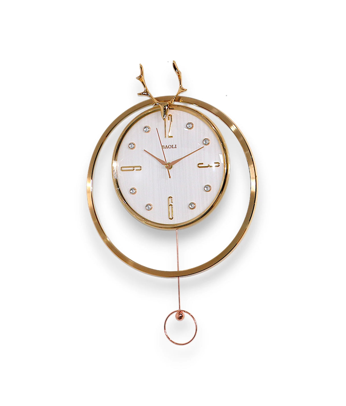 wall clock deer with pendulum  golden & white china "14.5x14.5'