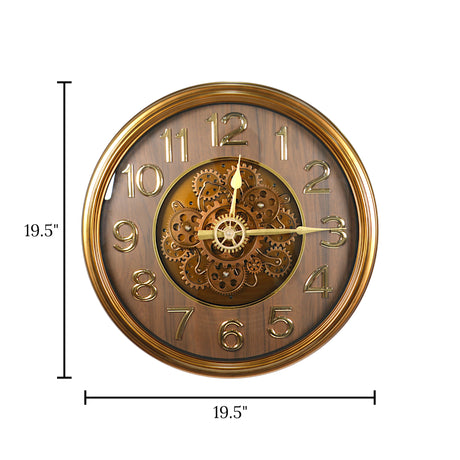 wall clock moving gear golden & brown china 19.5"x19.5"