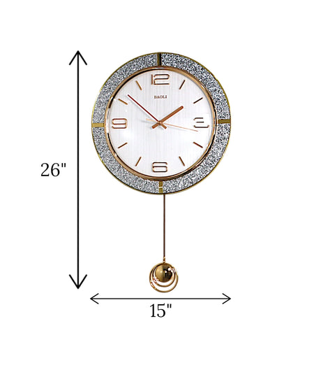 wall clock with pendulum white & golden glitter china "26x15"