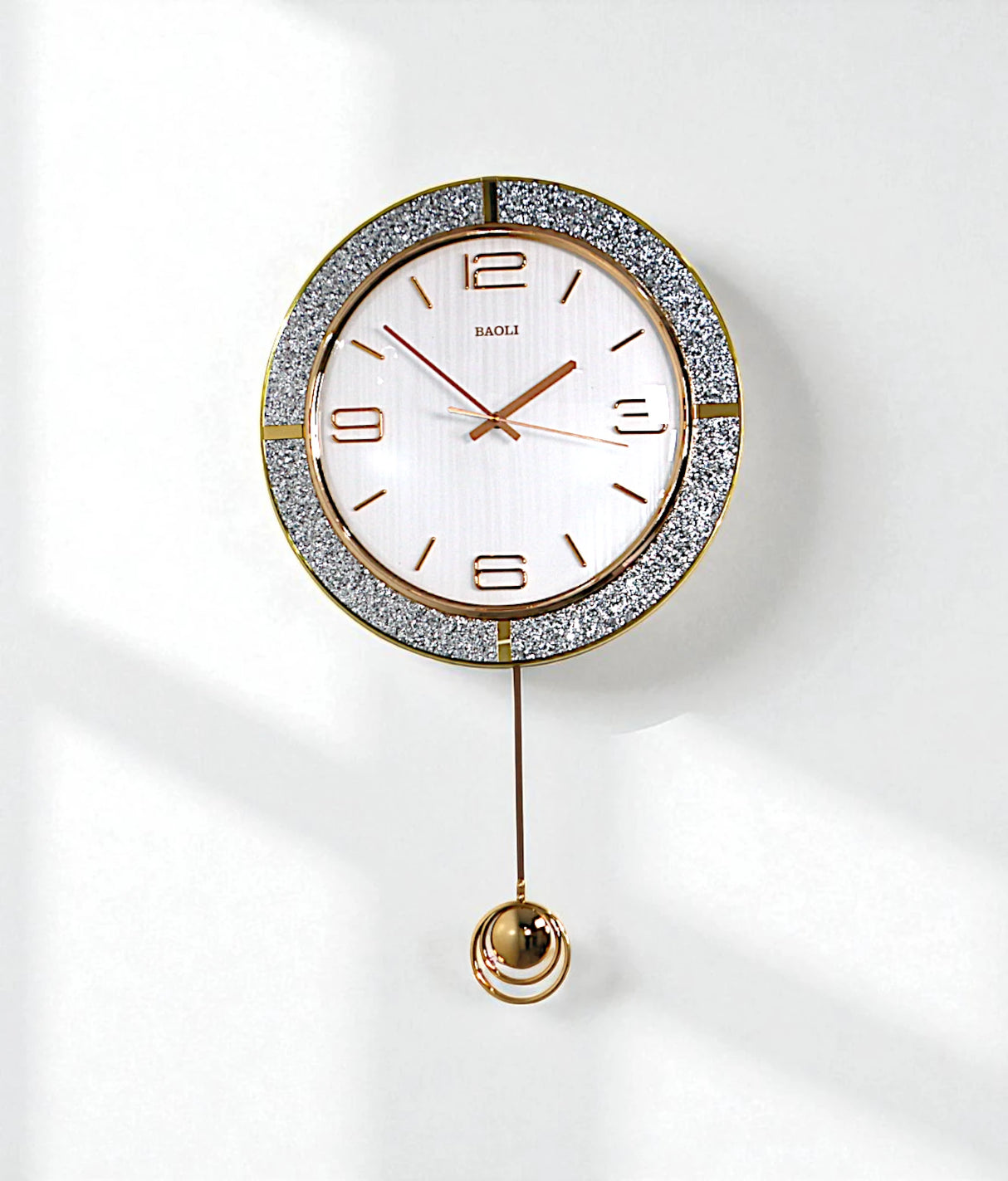 wall clock with pendulum white & golden glitter china "26x15"