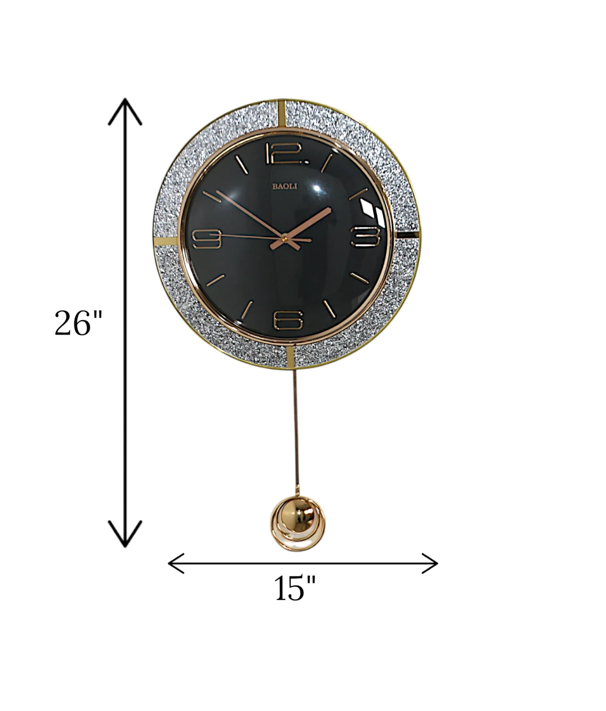 wall clock with pendulum black & golden glitter china "26x15"