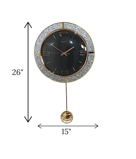 wall clock with pendulum black & golden glitter china "26x15"
