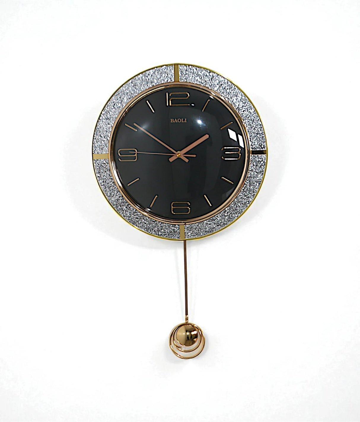 wall clock with pendulum black & golden glitter china "26x15"