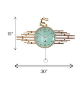 wall clock deer with pendulum green & golden china "30x15"