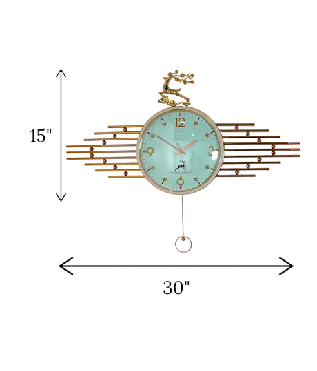 wall clock deer with pendulum green & golden china "30x15"
