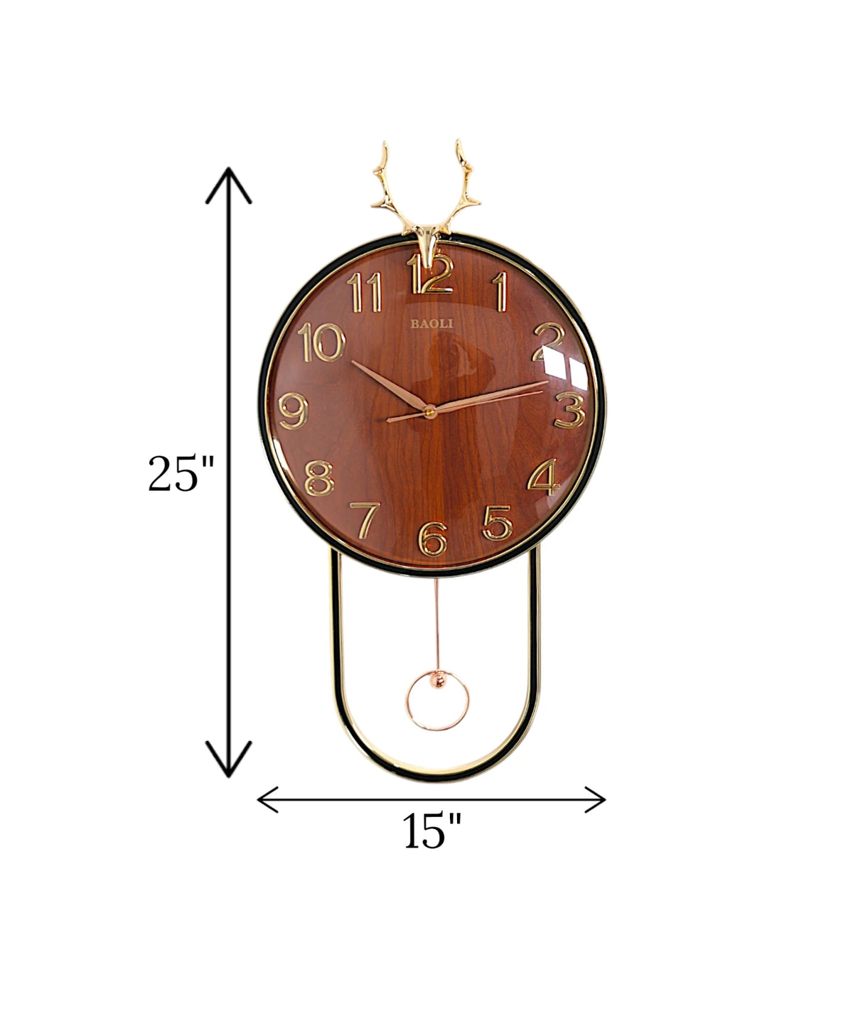 wall clock with golden deer & pendulum brown china "25x15"