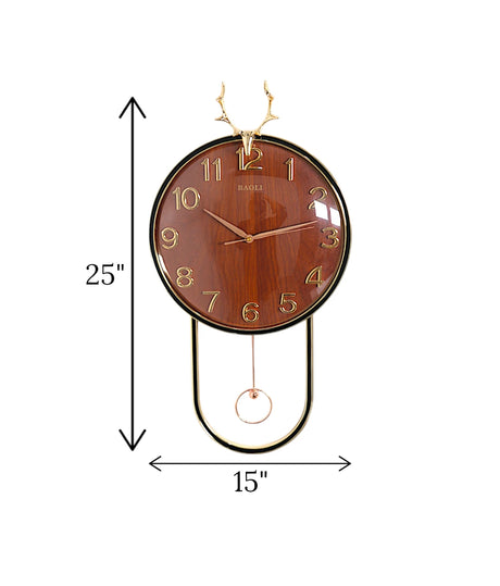 wall clock with golden deer & pendulum brown china "25x15"