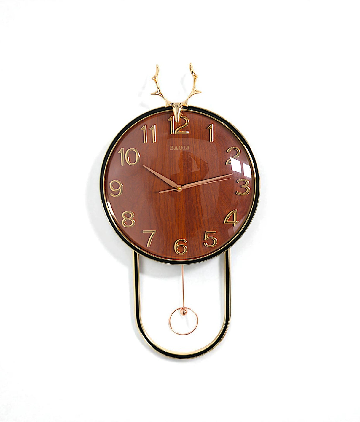 wall clock with golden deer & pendulum brown china "25x15"