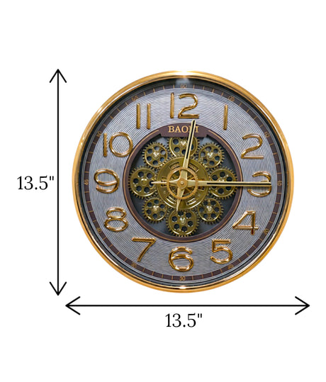 wall clock moving gear brown & golden china 13.5"x13.5"
