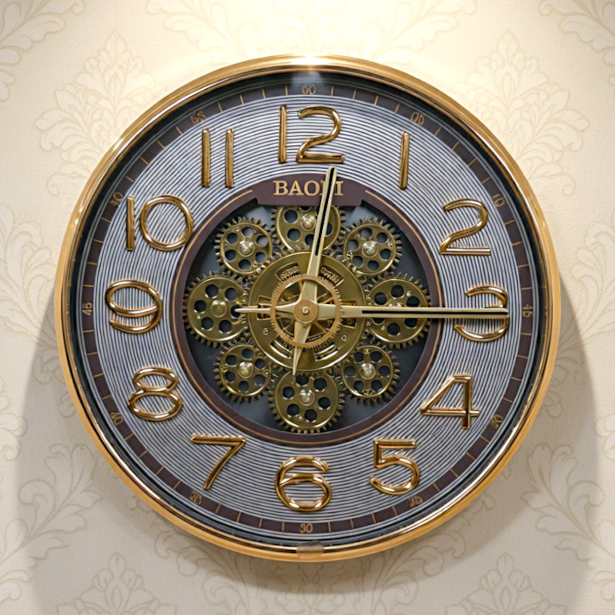 wall clock moving gear brown & golden china 13.5"x13.5"