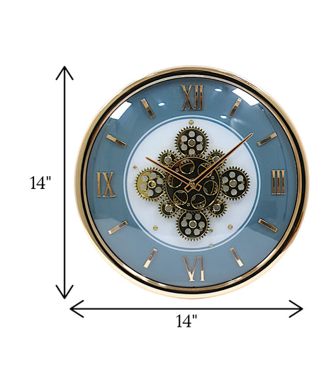 wall clock moving gear gold blue china