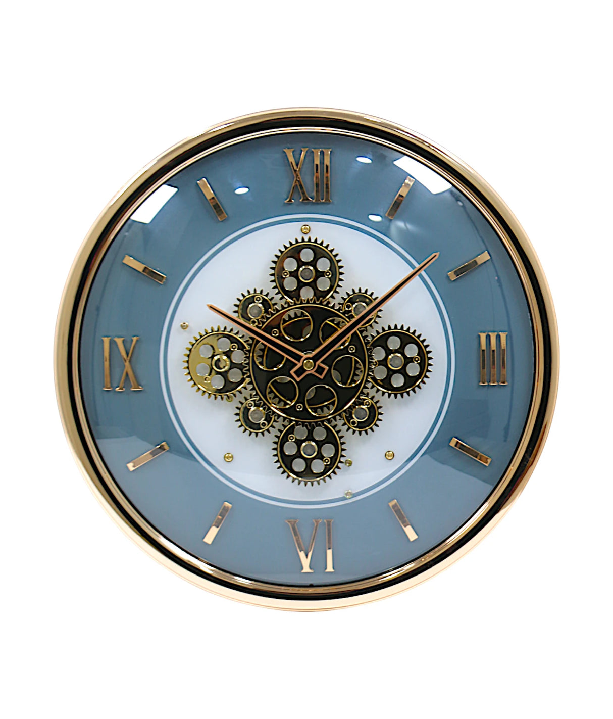 wall clock moving gear gold blue china
