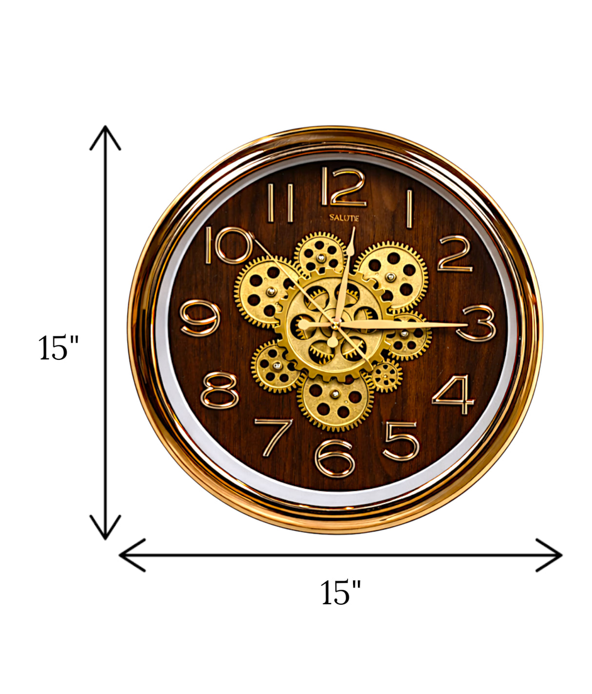 wall clock moving gear brown & golden china 15"x15"