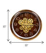 wall clock moving gear brown & golden china 15"x15"