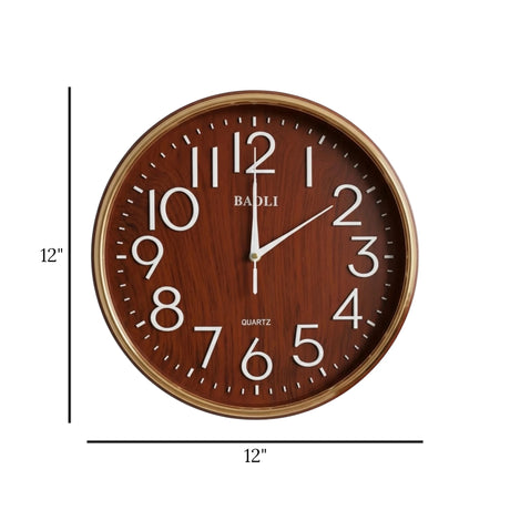 wall clock wood texture brown & golden 12"x12" china