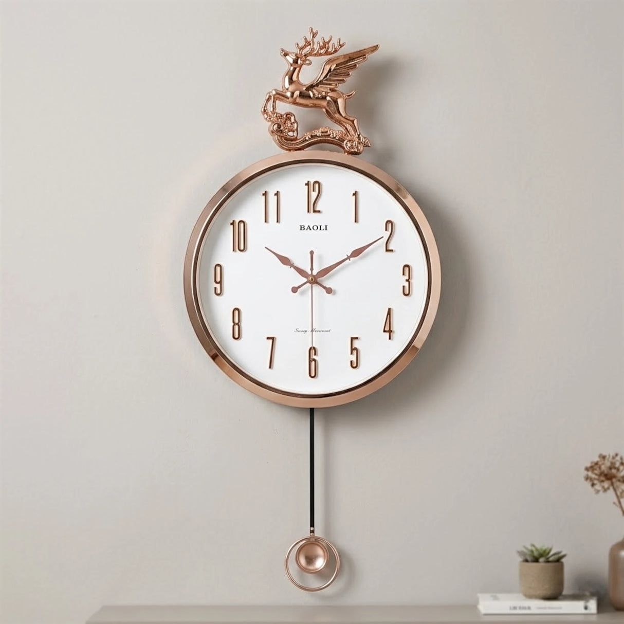 wall clock white & golden deer with pendulam 14"x14" china