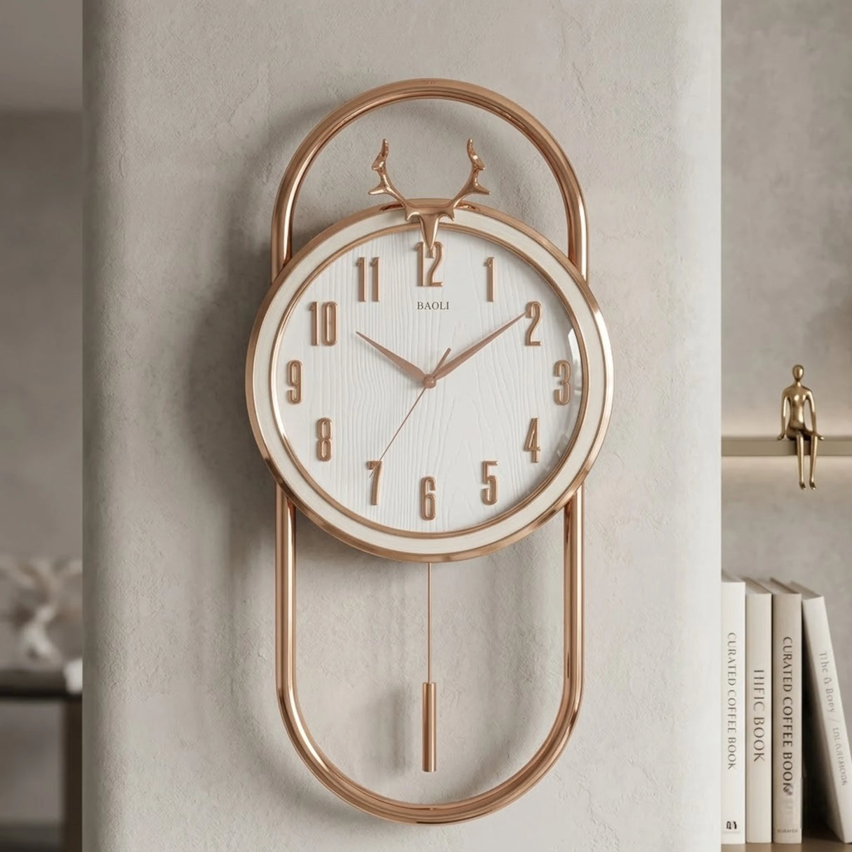 wall clock white & golden 17"x13" china