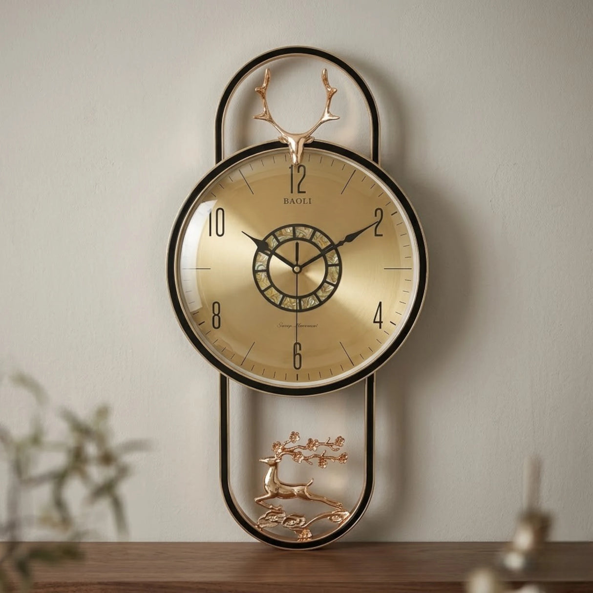 fancy wall clock 2 deer black & golden 14"x14" china