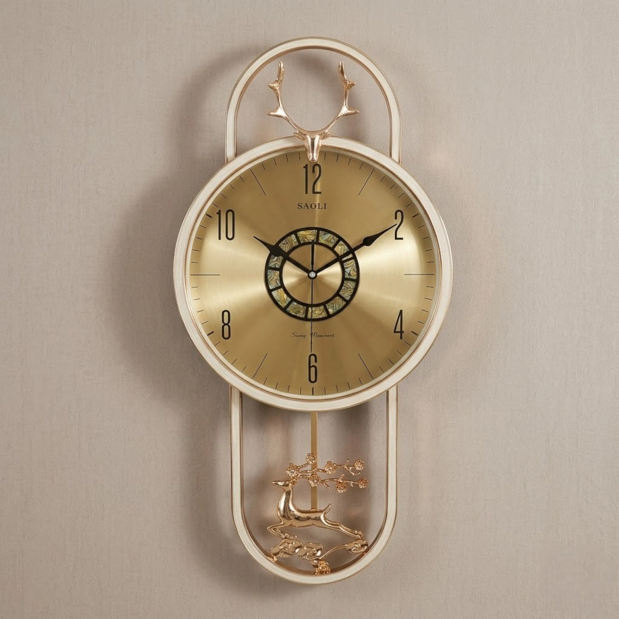 fancy wall clock 2 deer white & golden 14"x14" china