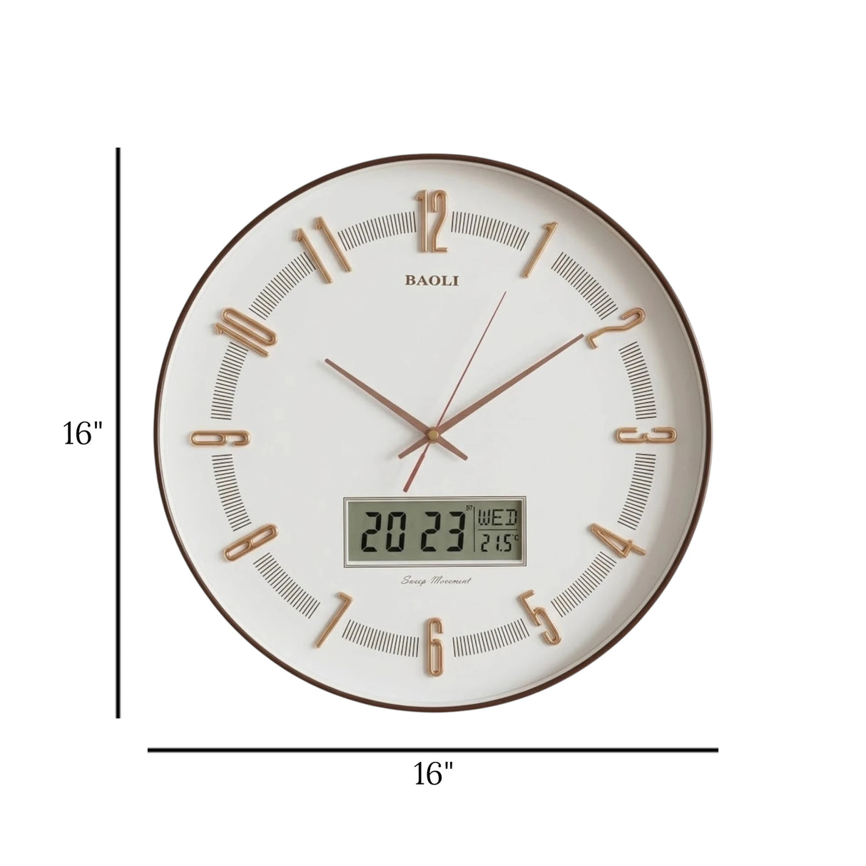 wall clock with digital date white & brown 16''x16'' china