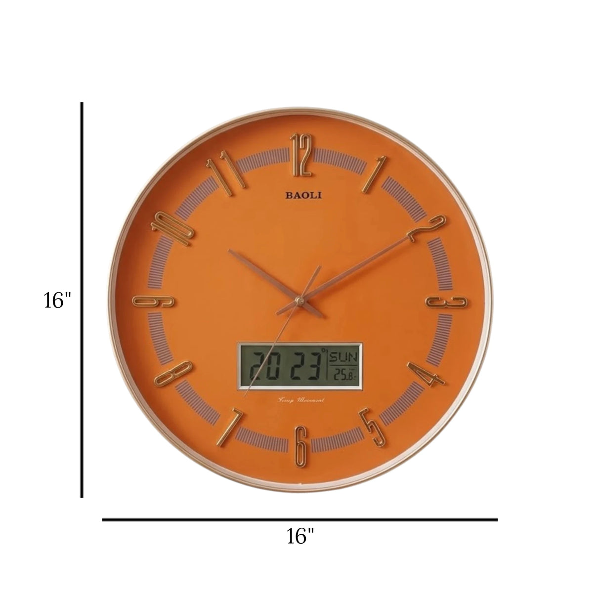 wall clock with digital date orange & golden 16''x16'' china