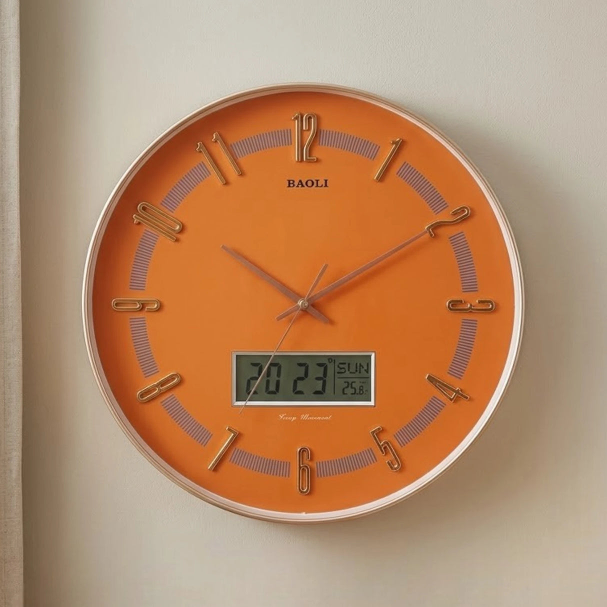wall clock with digital date orange & golden 16''x16'' china