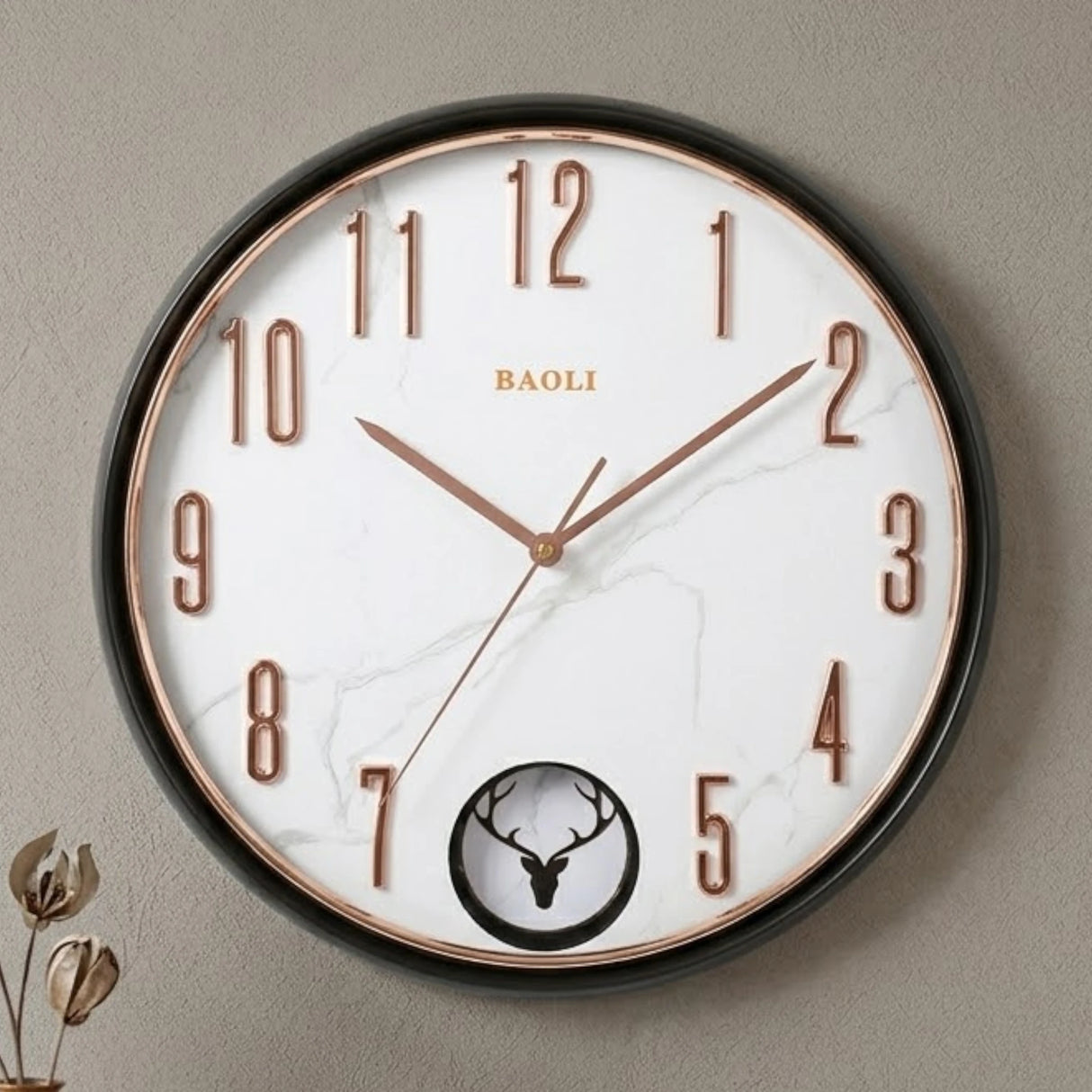 fancy wall clock with pendulam black & white 14"x14" china