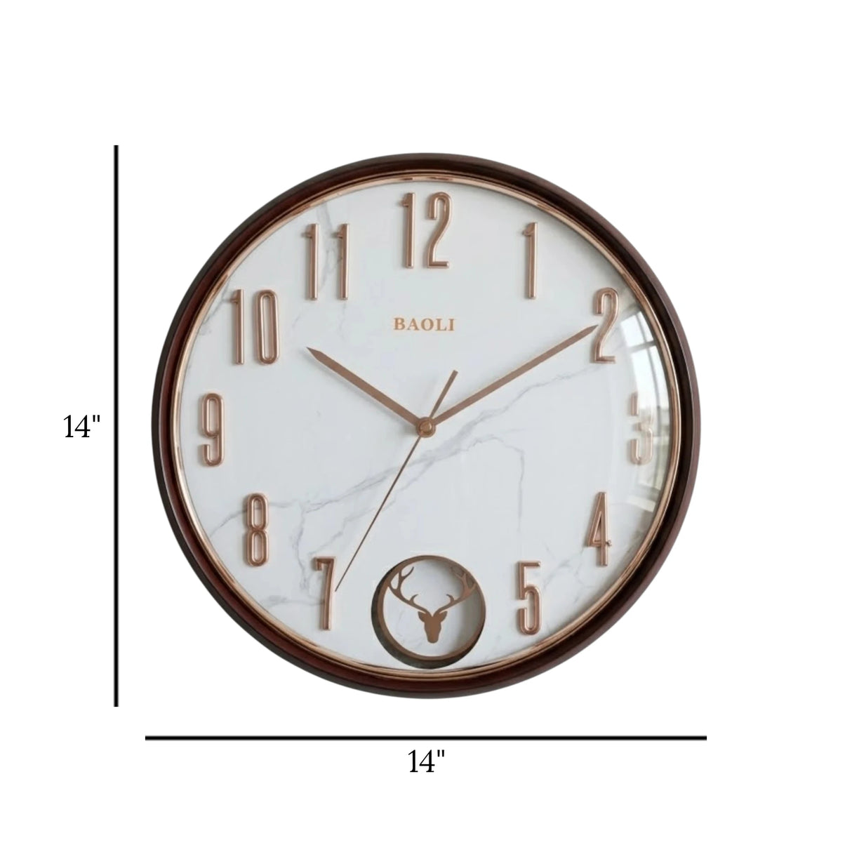 fancy wall clock with pendulam brown & white 14"x14" china