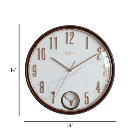fancy wall clock with pendulam brown & white 14"x14" china