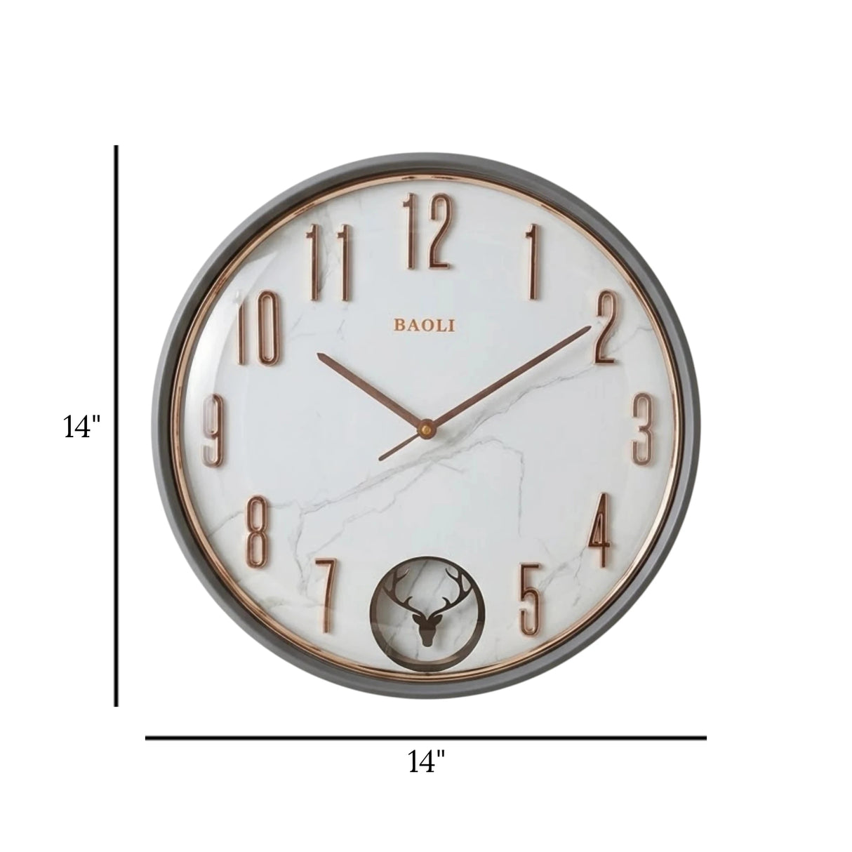 fancy wall clock with pendulam grey & white 14"x14" china