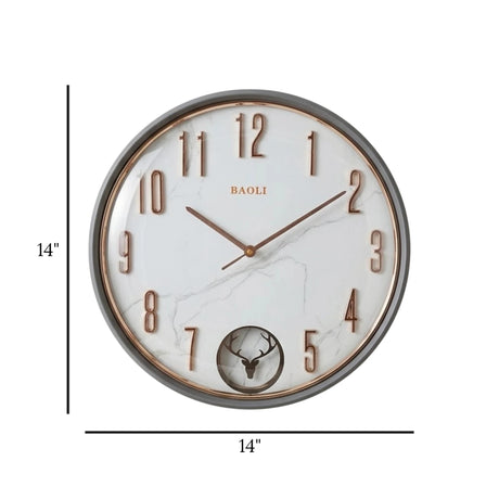fancy wall clock with pendulam grey & white 14"x14" china
