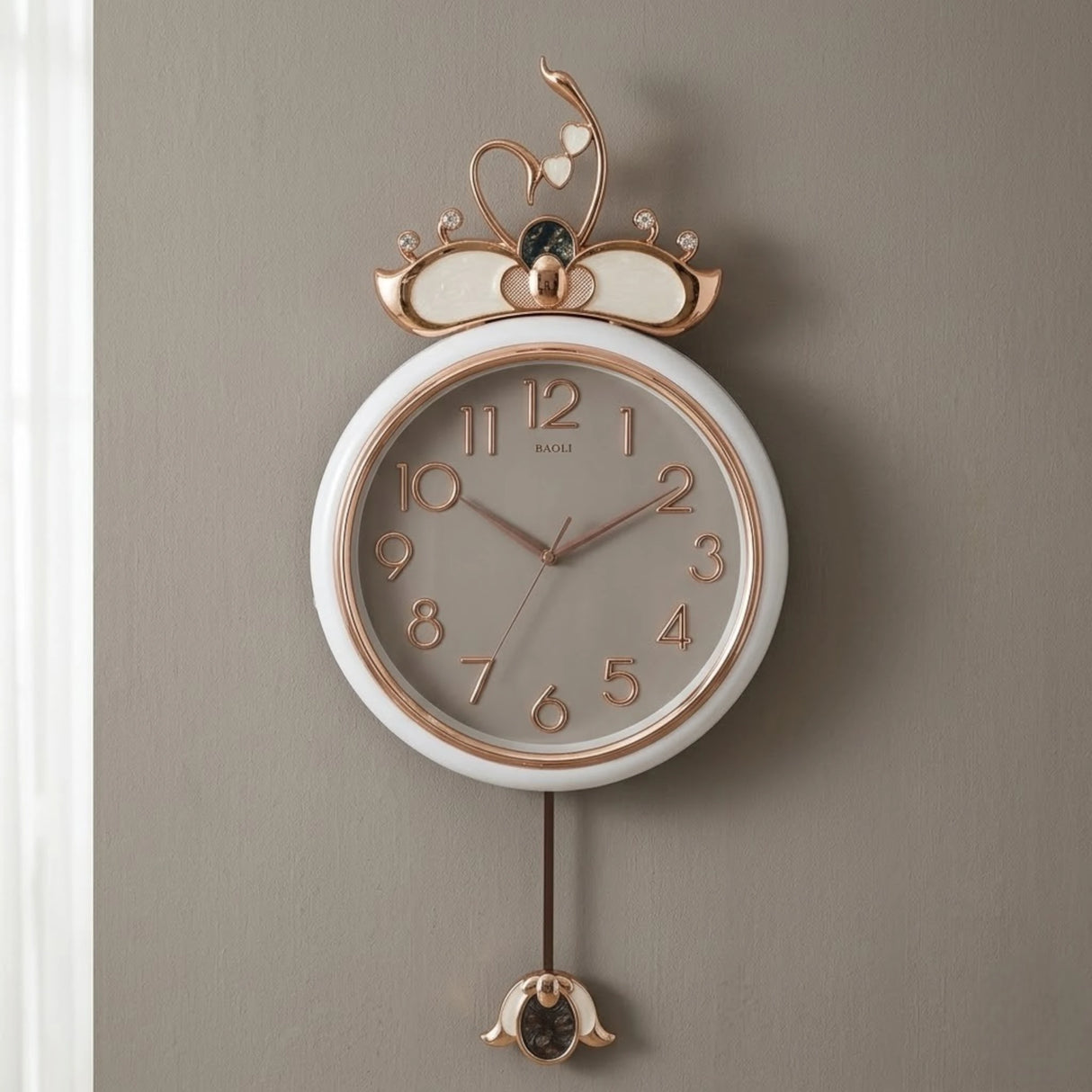 fancy wall clock swan crown pendulam grey & white 33"x15" china