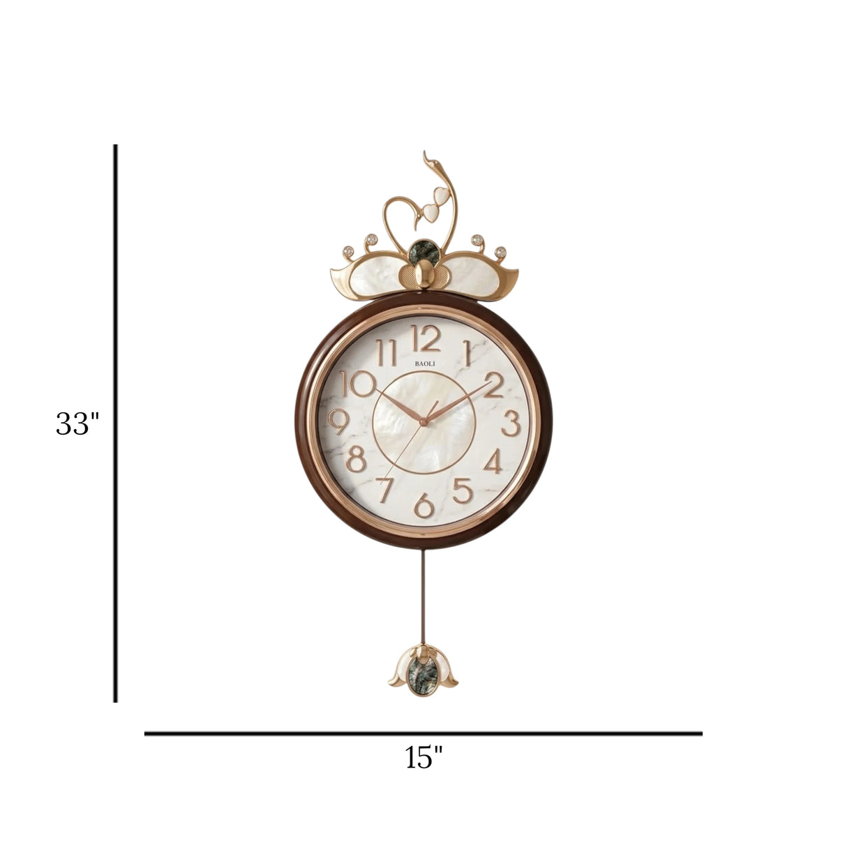 fancy wall clock swan crown pendulam white & brown 33"x15" china
