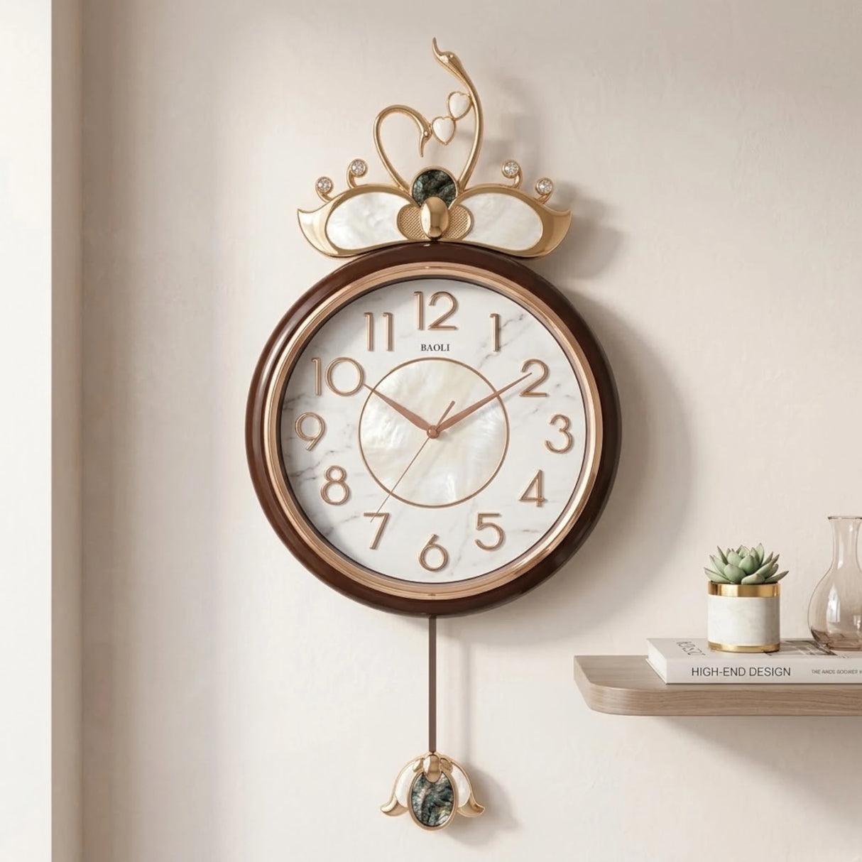fancy wall clock swan crown pendulam white & brown 33"x15" china