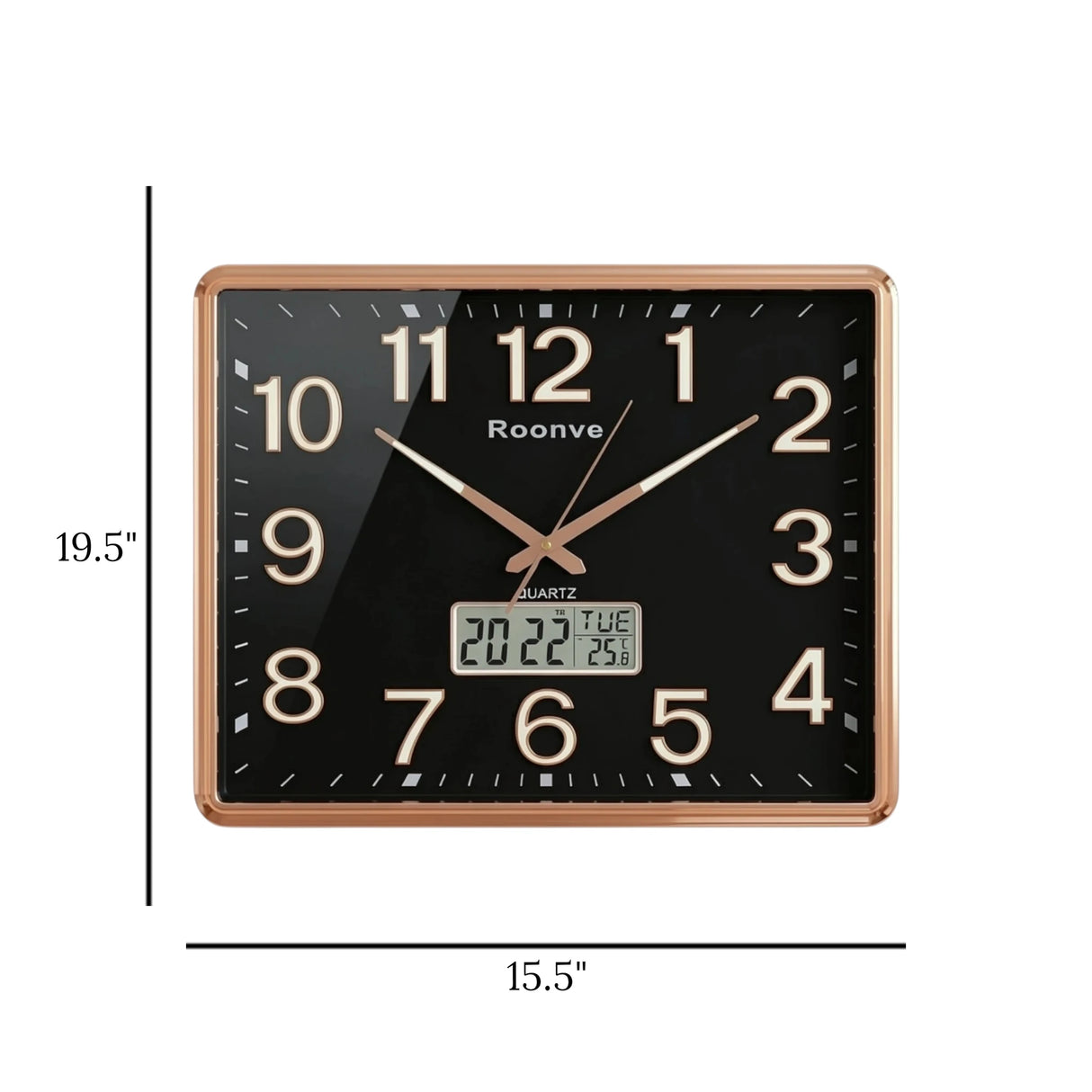 wall clock with digital date rectangular black & golden 19.5"x15.5" china