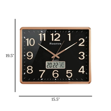 wall clock with digital date rectangular black & golden 19.5"x15.5" china