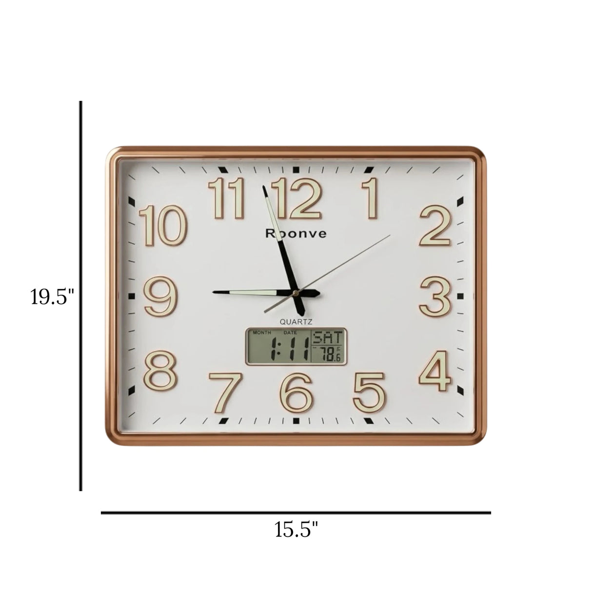 QUARTZ RECTANGULAR WALL CLOCK WITH LCD DATE & TEMPERATURE DISPLAY PLASTIC WHITE & ROSE GOLD COLOR 19.5"X15.5" CHINA