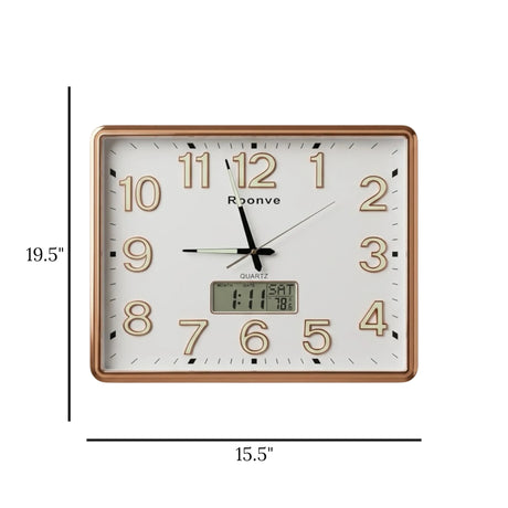 QUARTZ RECTANGULAR WALL CLOCK WITH LCD DATE & TEMPERATURE DISPLAY PLASTIC WHITE & ROSE GOLD COLOR 19.5"X15.5" CHINA