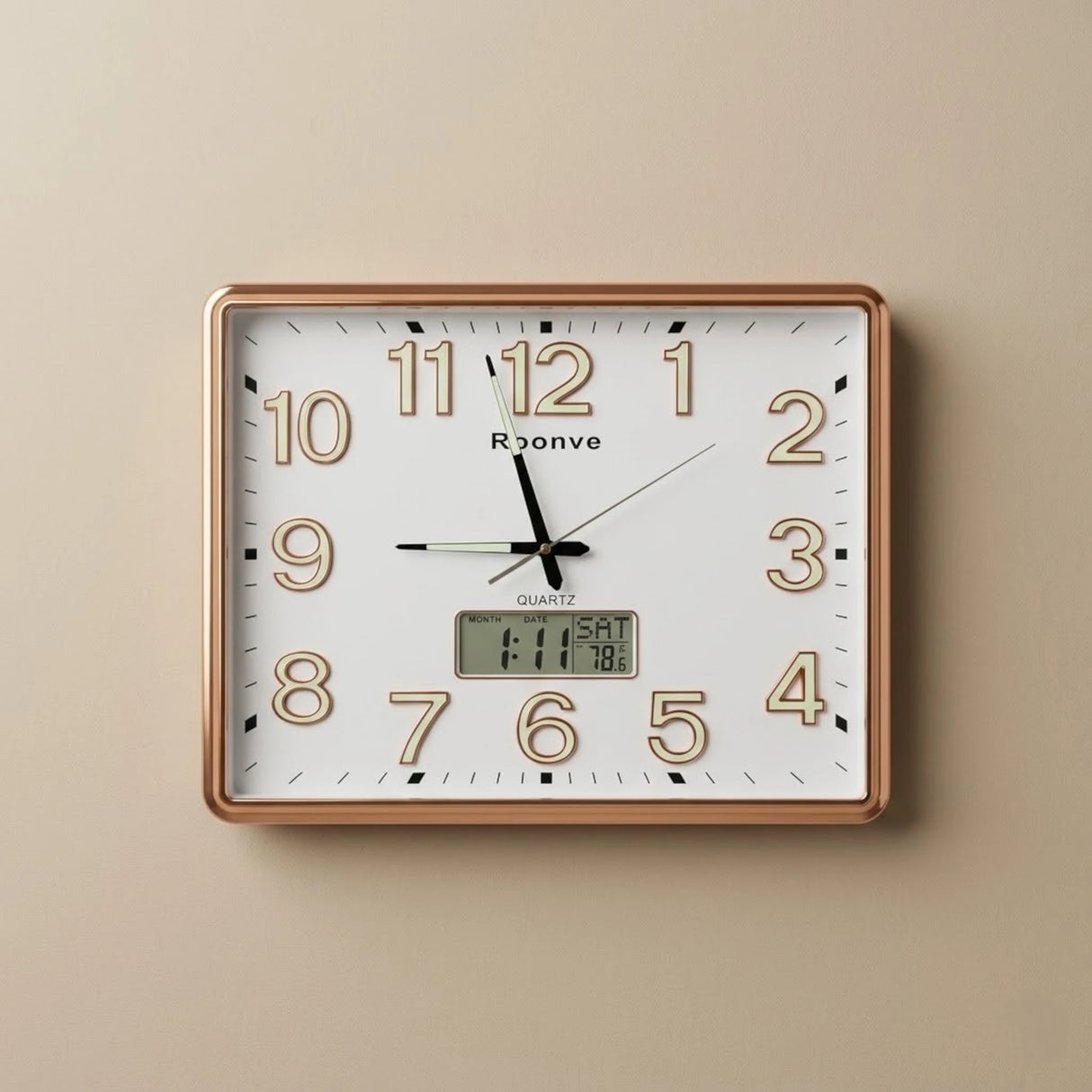QUARTZ RECTANGULAR WALL CLOCK WITH LCD DATE & TEMPERATURE DISPLAY PLASTIC WHITE & ROSE GOLD COLOR 19.5"X15.5" CHINA