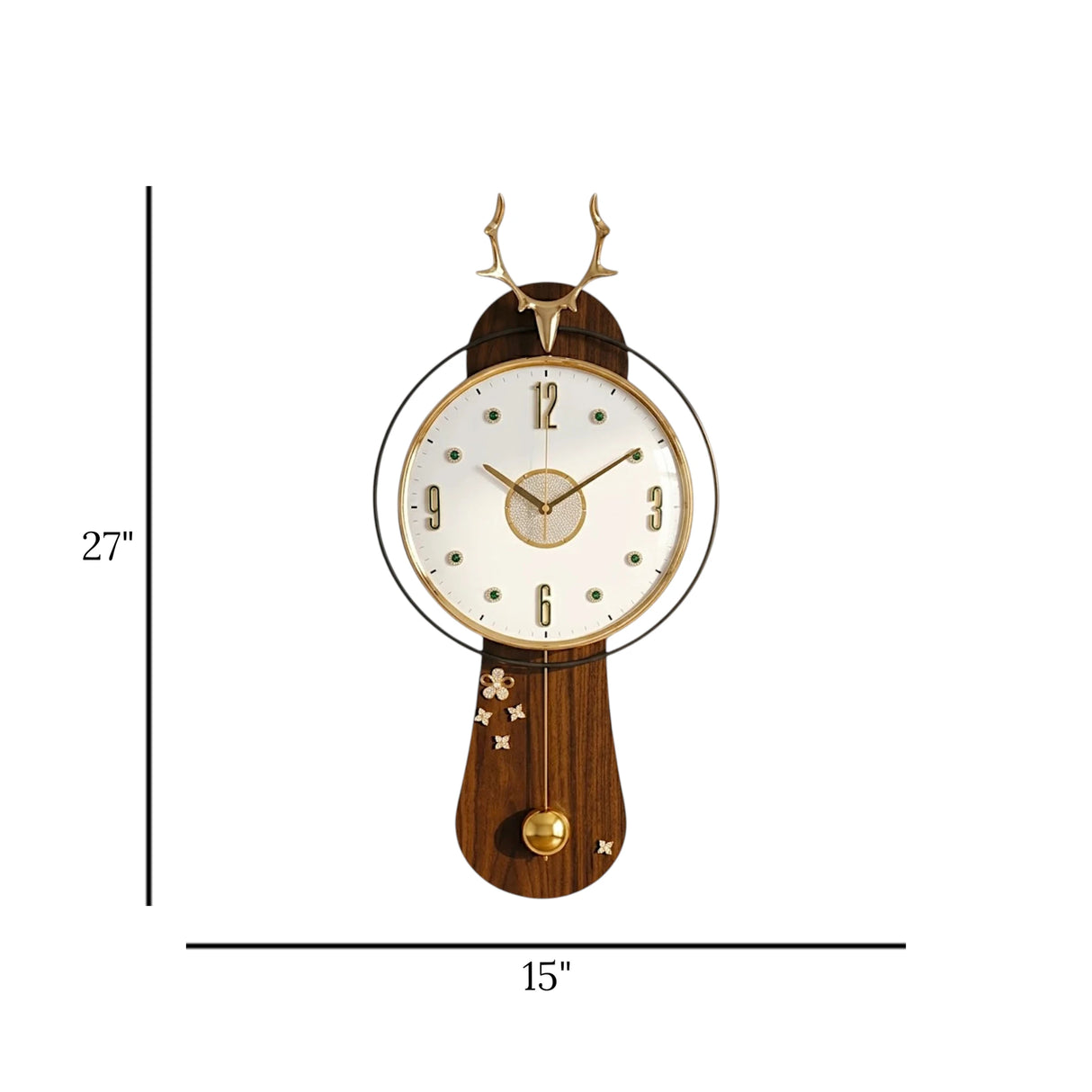 DECORATIVE PENDULUM WALL CLOCK WOOD & METAL WHITE & BROWN & GOLD COLOR 27"X15" CHINA