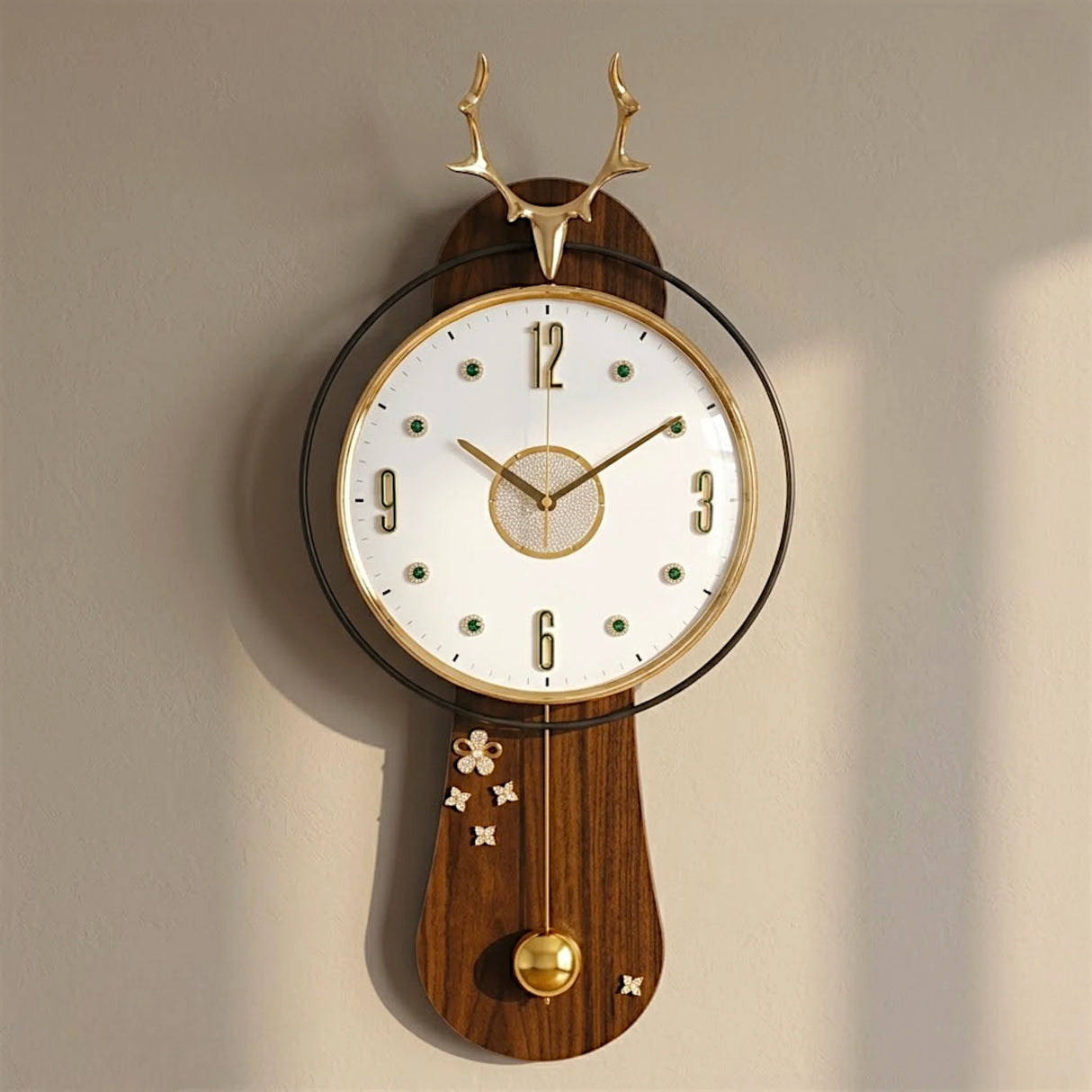 DECORATIVE PENDULUM WALL CLOCK WOOD & METAL WHITE & BROWN & GOLD COLOR 27"X15" CHINA