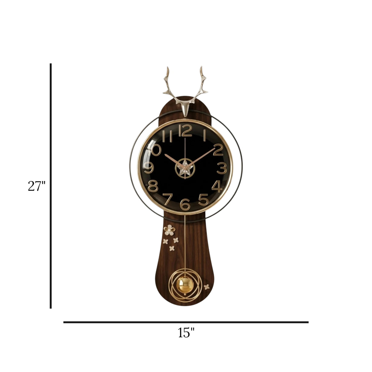 DECORATIVE PENDULUM WALL CLOCK WOOD & METAL BLACK & BROWN & GOLD COLOR 27"X15" CHINA