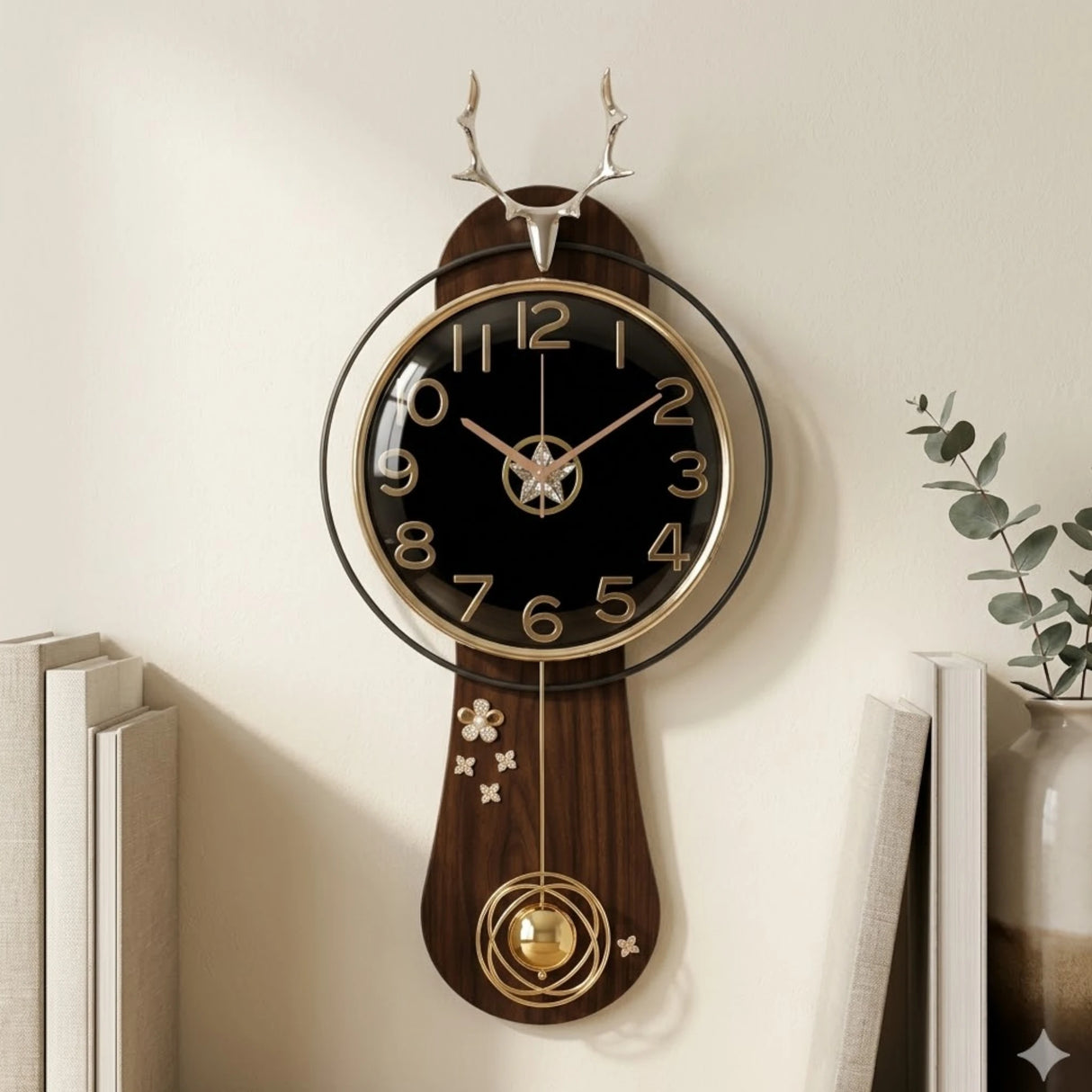 DECORATIVE PENDULUM WALL CLOCK WOOD & METAL BLACK & BROWN & GOLD COLOR 27"X15" CHINA
