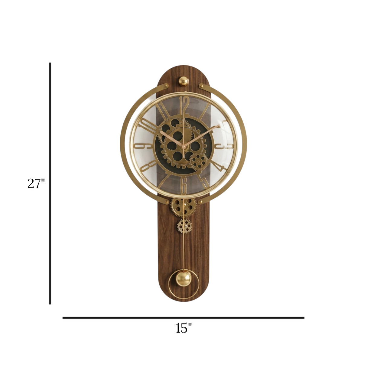 STEAMPUNK GEAR PENDULUM WALL CLOCK WOOD & METAL WALNUT BROWN & GOLD COLOR 27"X15" CHINA