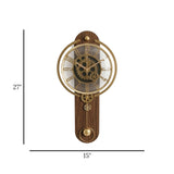 STEAMPUNK GEAR PENDULUM WALL CLOCK WOOD & METAL WALNUT BROWN & GOLD COLOR 27"X15" CHINA