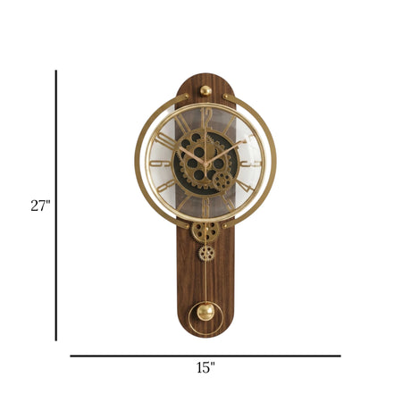STEAMPUNK GEAR PENDULUM WALL CLOCK WOOD & METAL WALNUT BROWN & GOLD COLOR 27"X15" CHINA