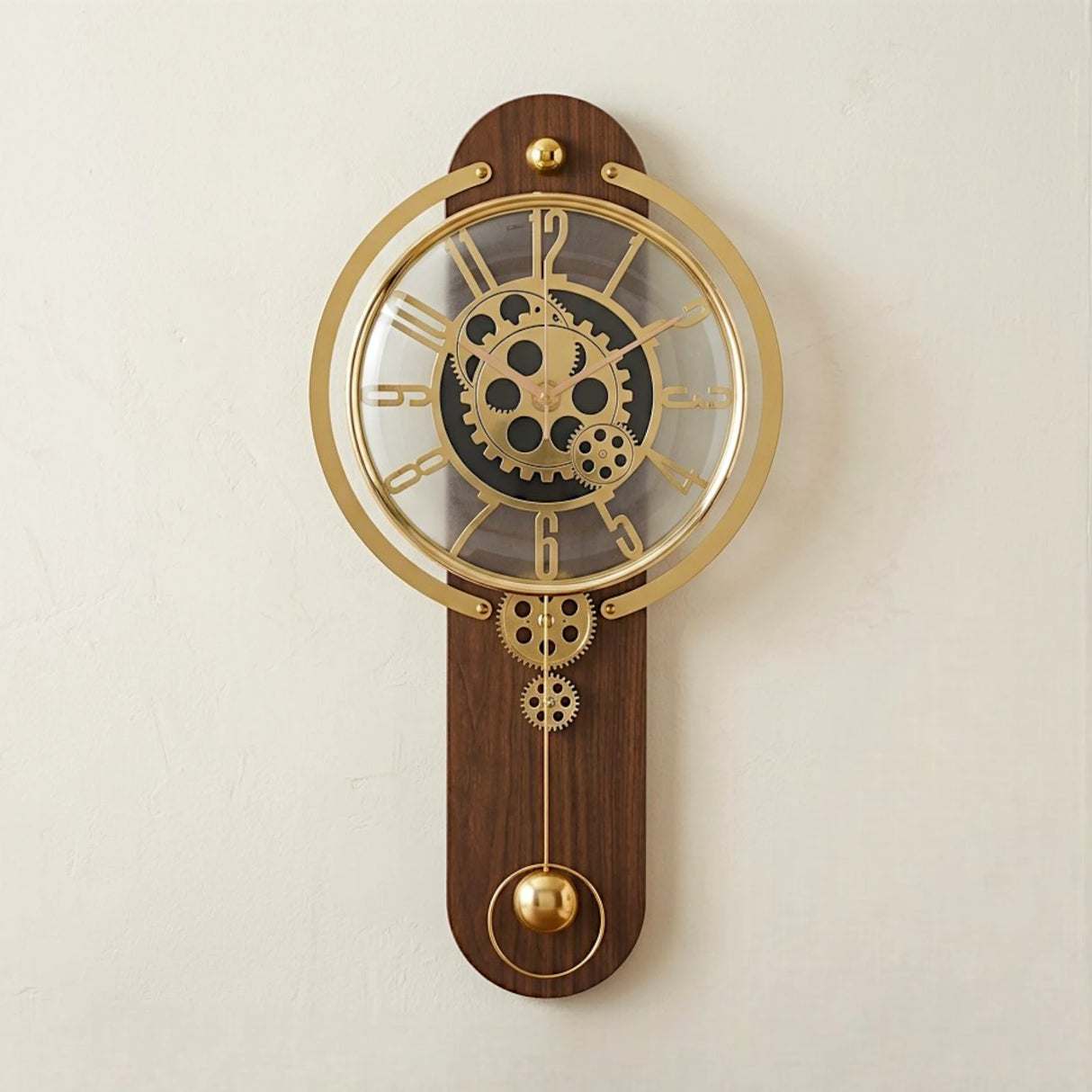 STEAMPUNK GEAR PENDULUM WALL CLOCK WOOD & METAL WALNUT BROWN & GOLD COLOR 27"X15" CHINA