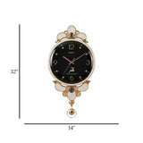 BAOLI ELEGANT ORNATE FLORAL CROWN PENDULUM WALL CLOCK RESIN & METAL BLACK & GOLD COLOR 32''X14'' CHINA
