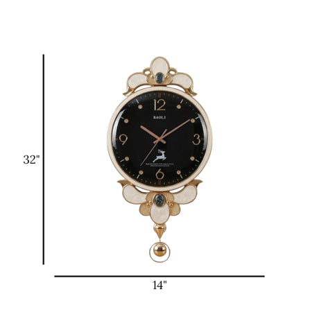 BAOLI ELEGANT ORNATE FLORAL CROWN PENDULUM WALL CLOCK RESIN & METAL BLACK & GOLD COLOR 32''X14'' CHINA